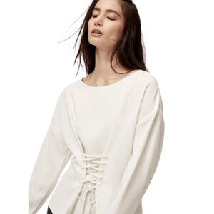 Aritzia Wilfred Womens Xsmall Mabelle Ivory Crepe Lace Up Front Blouse